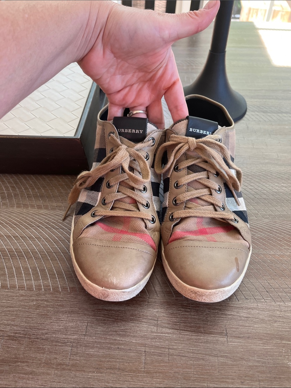 Burberry Tan and Black Check Low-Top Sneakers - Woman’s